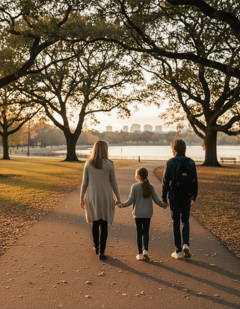 Mother and teenage child walking together in an Australian park