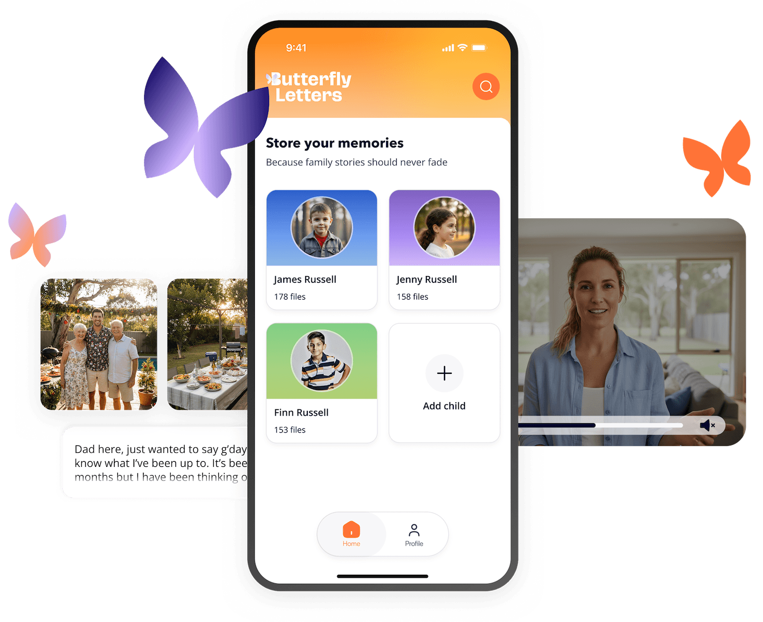 Butterfly Letters app – phone mockup with photos, video, letter and butterflies